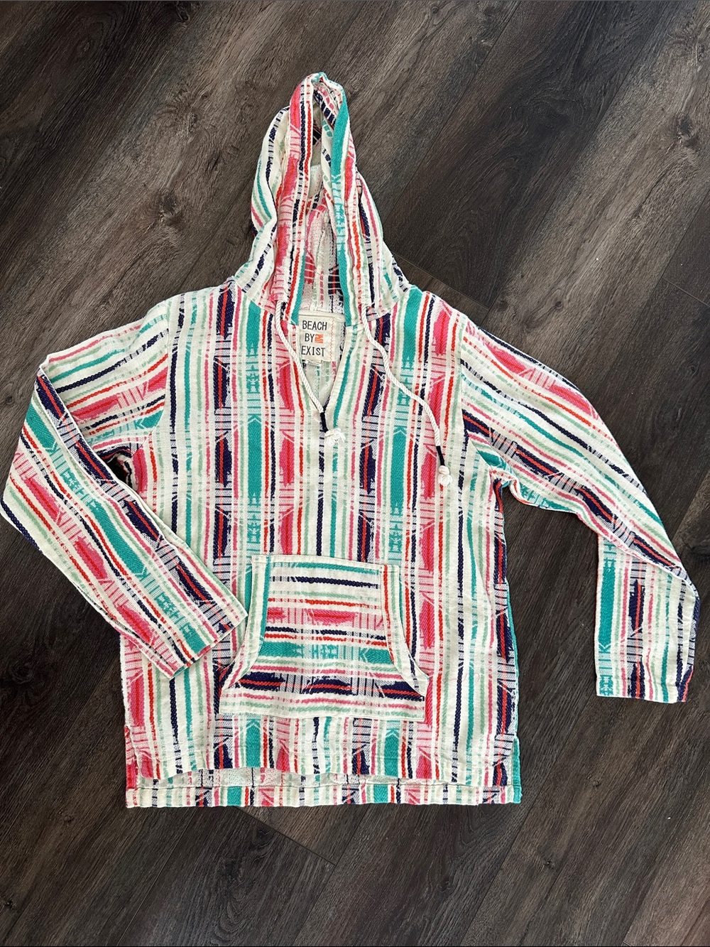 Beach By Exist Striped Hooded Pullover in Red, Teal, Navy & Cream